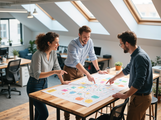 Professional team working on innovation projects, modern office environment with collaborative workspace, bright natural lighting