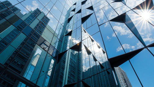 Modern corporate building exterior, glass facade with professional architectural design, urban business district setting