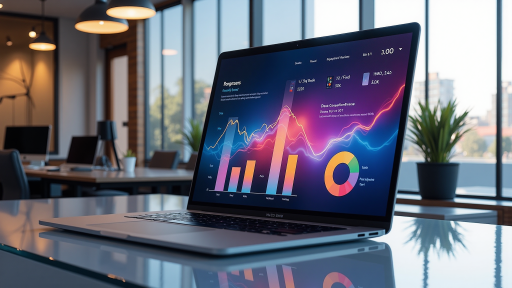 Data analytics dashboard with charts and graphs, business intelligence interface, financial data visualization