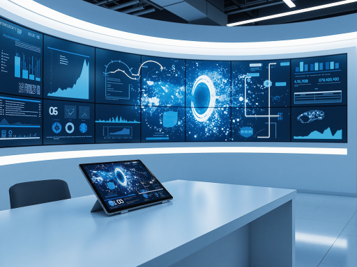 Modern technology infrastructure with digital displays showing analytics, professional workspace environment